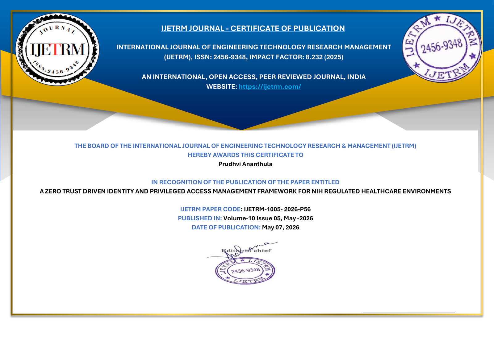 IJETRM Certificate of Publication — Zero Trust Driven Identity & PAM Framework