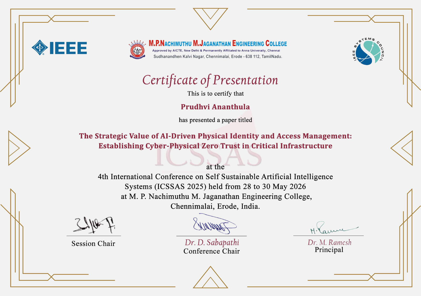 IEEE ICSSAS 2026 — Certificate of Presentation