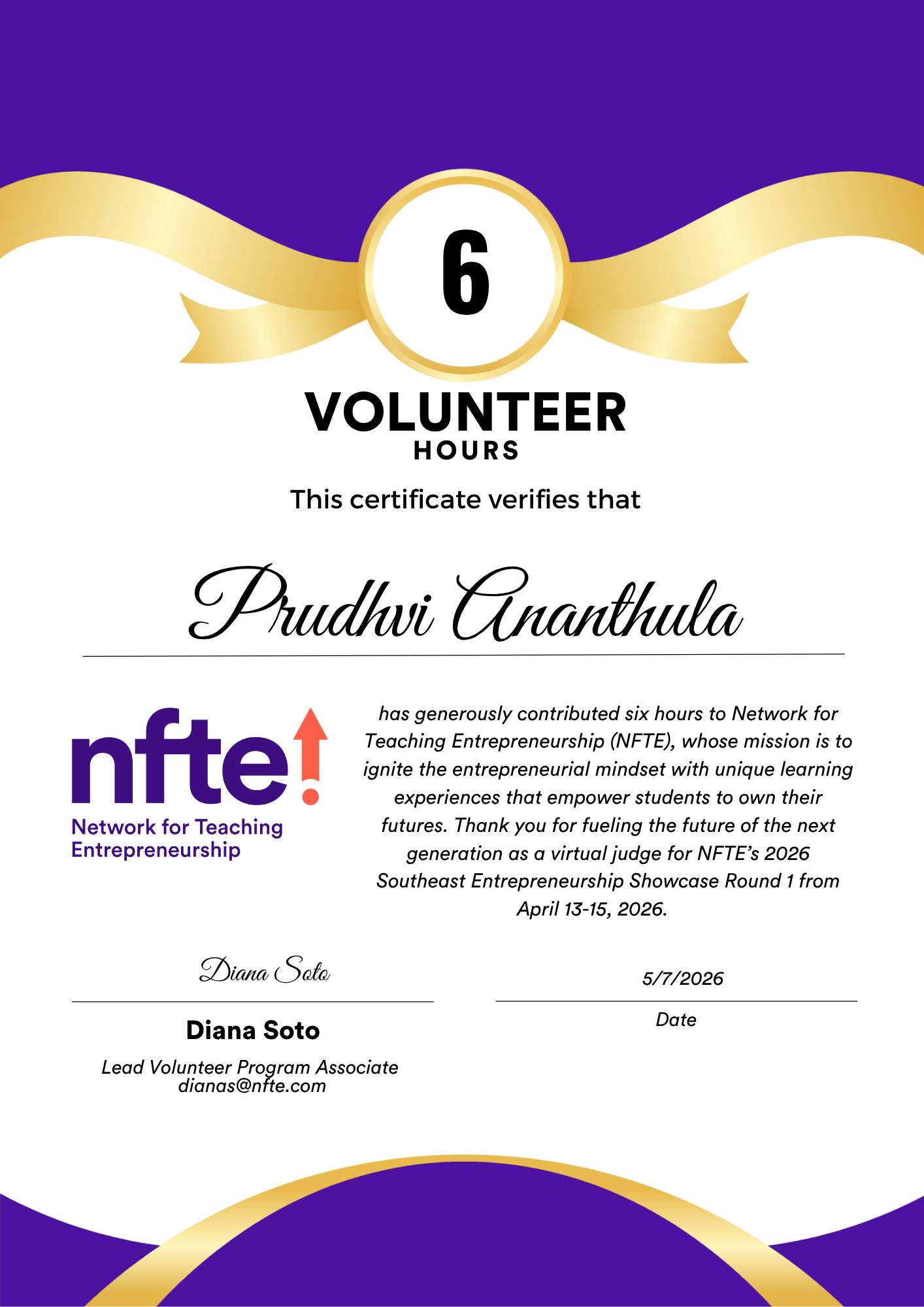 NFTE Volunteer Certificate — Southeast Entrepreneurship Showcase Round 1