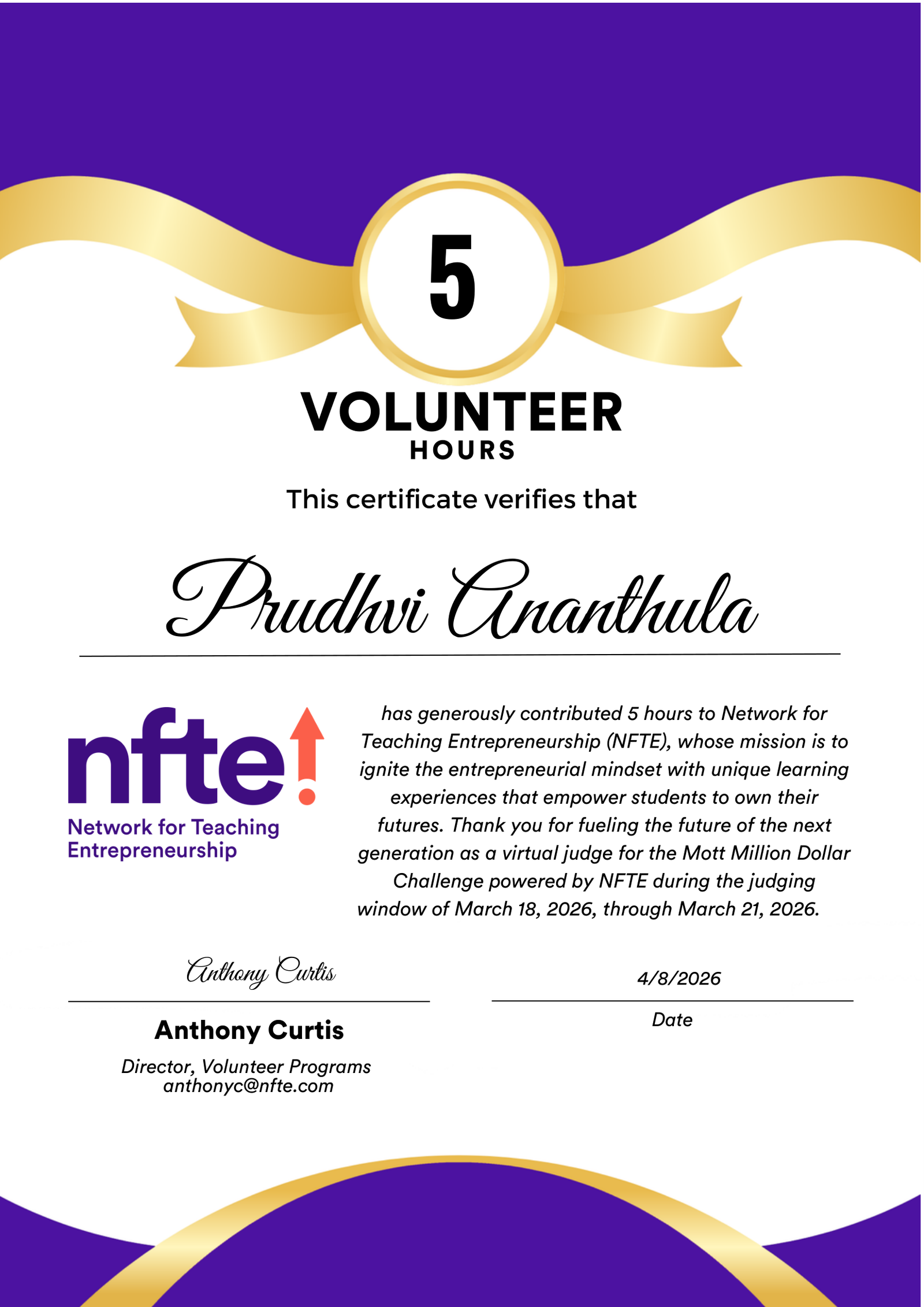 NFTE Verified Volunteer Hours Certificate — Mott Million Dollar Challenge