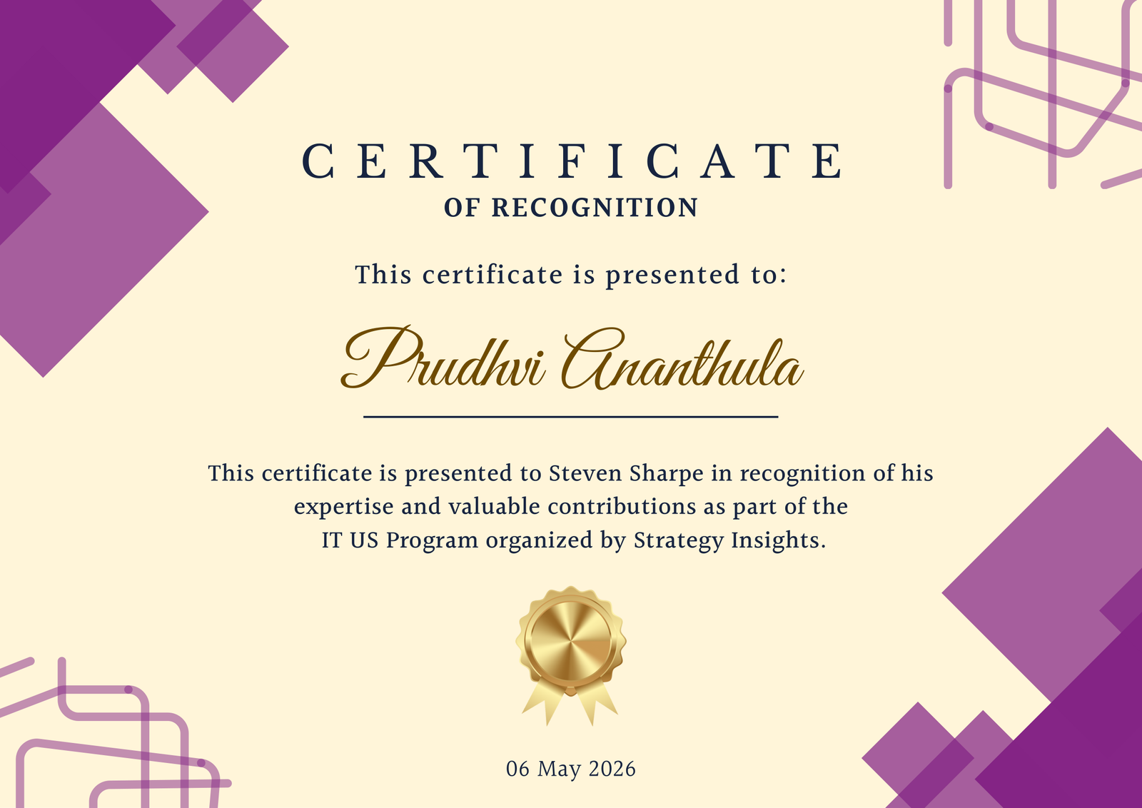 Certificate of Recognition — Strategy Insights IT US Program